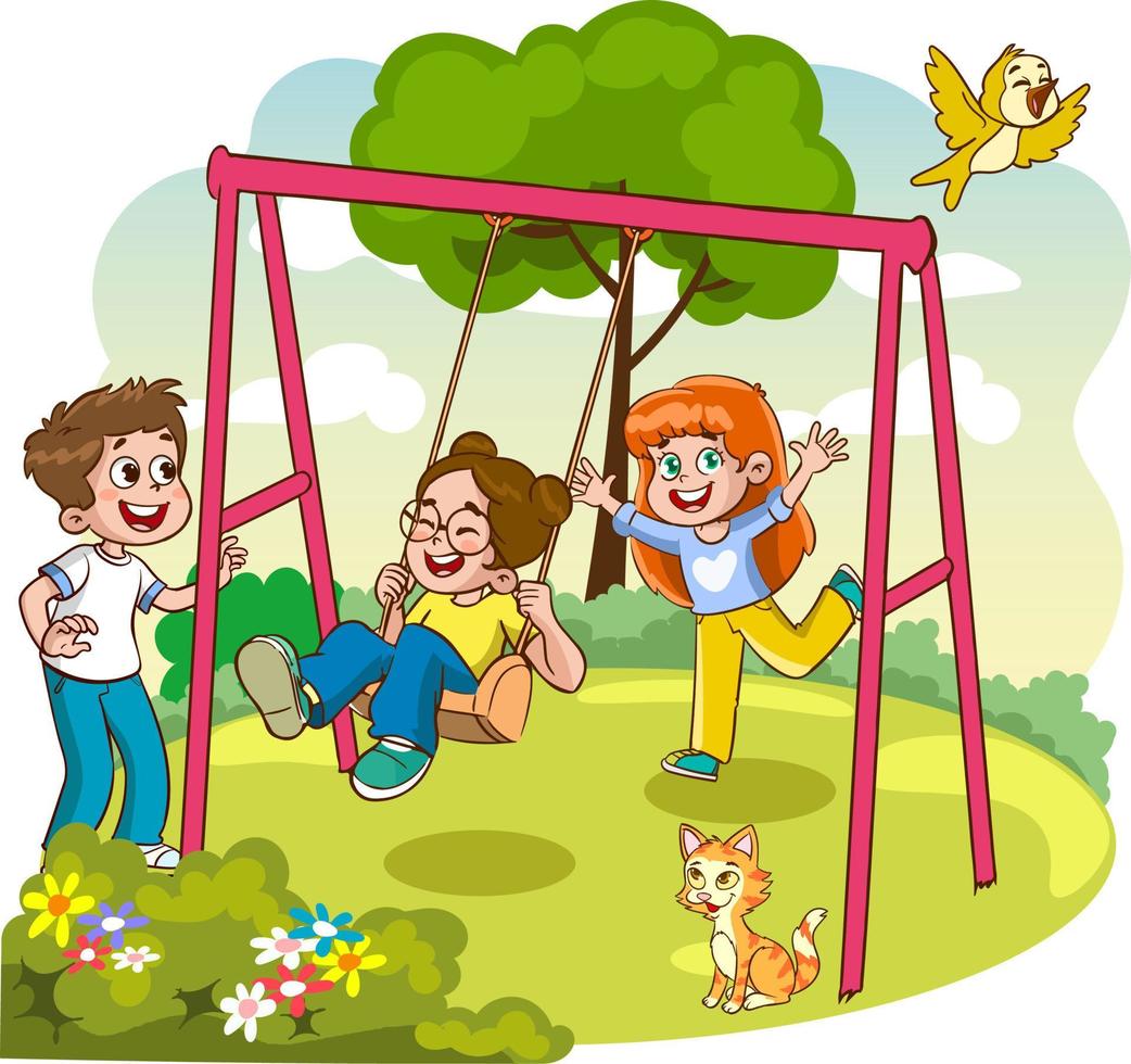 ilustración vectorial de niños felices jugando en el patio de recreo vector