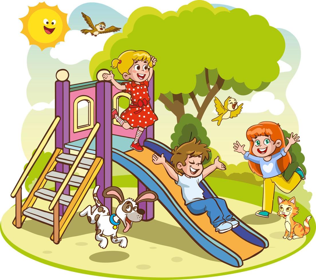 Vector illustration of happy kids playing in playground