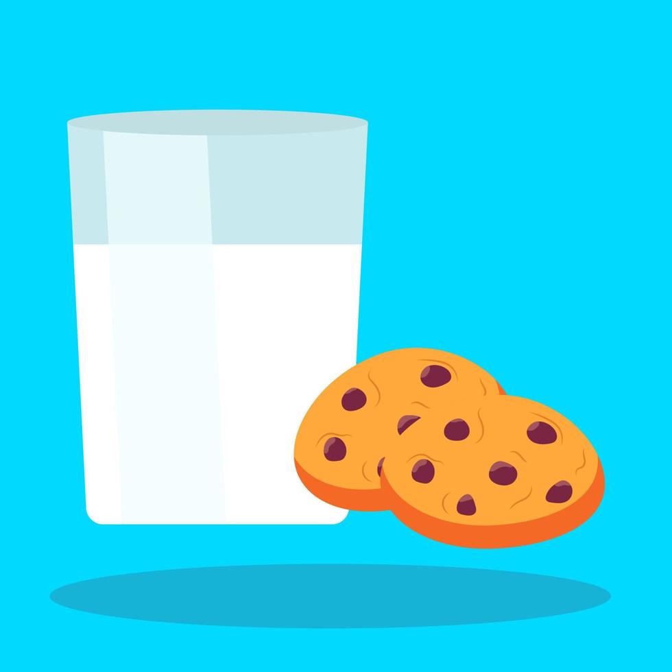 Glass of milk and cookies with chocolate chips on a blue background. Icon, sticker, banner. vector