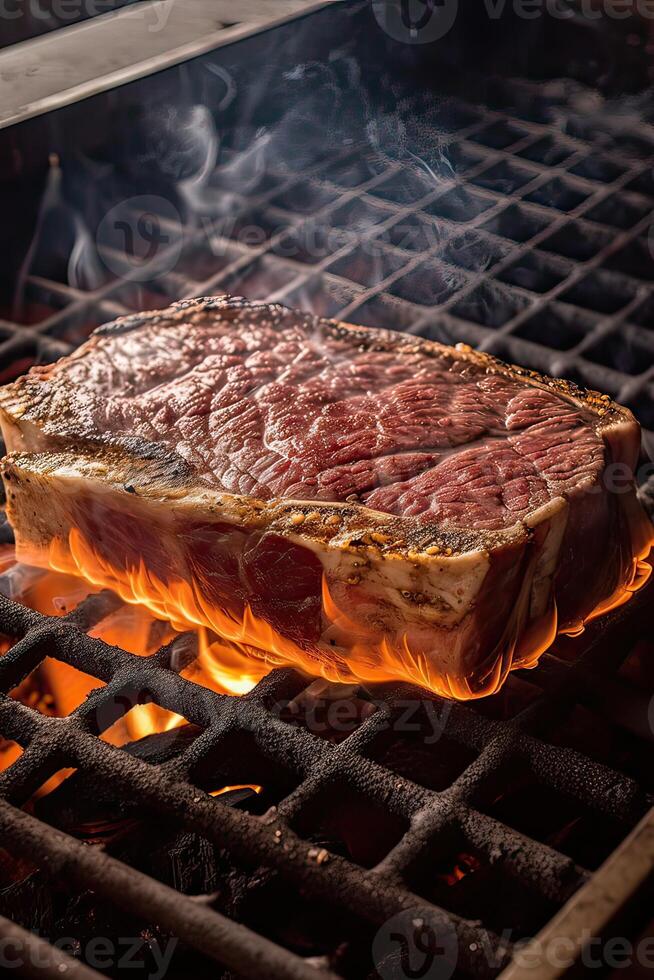 Grilled ribeye beef steak served on wooden board with rosemary, grilled garlic, fork and knife on wooden table. . photo
