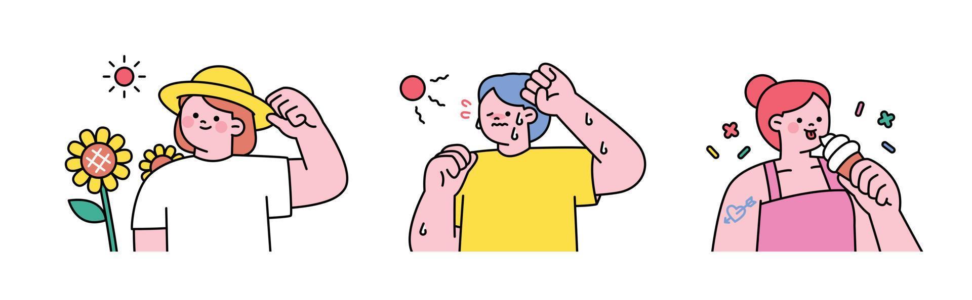 People enjoying summer. People wearing straw hats, sweating and eating ice cream. vector
