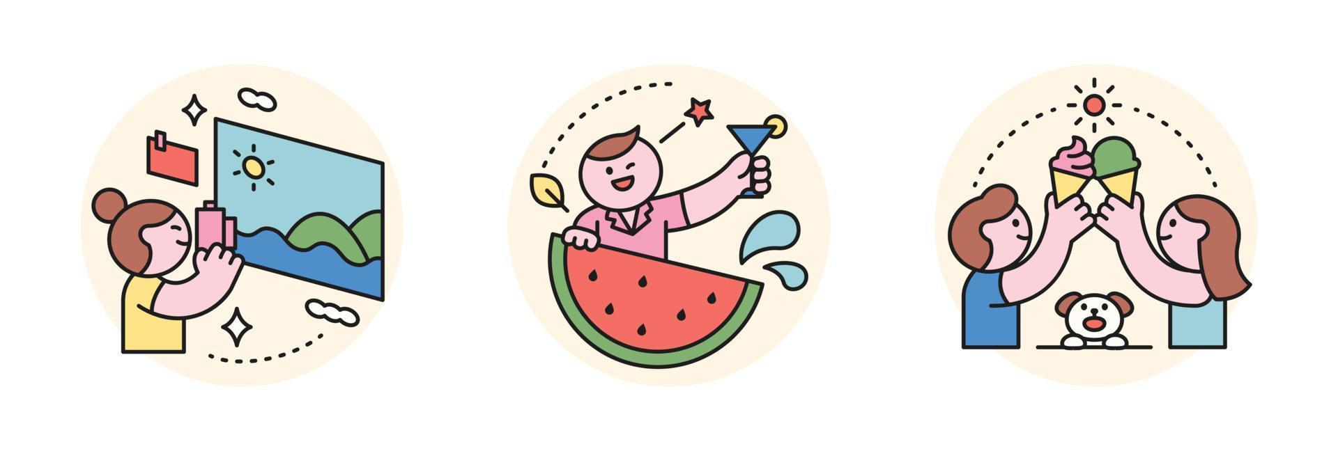 People enjoying summer. Travel photography, summer fruit watermelon, eating ice cream. vector