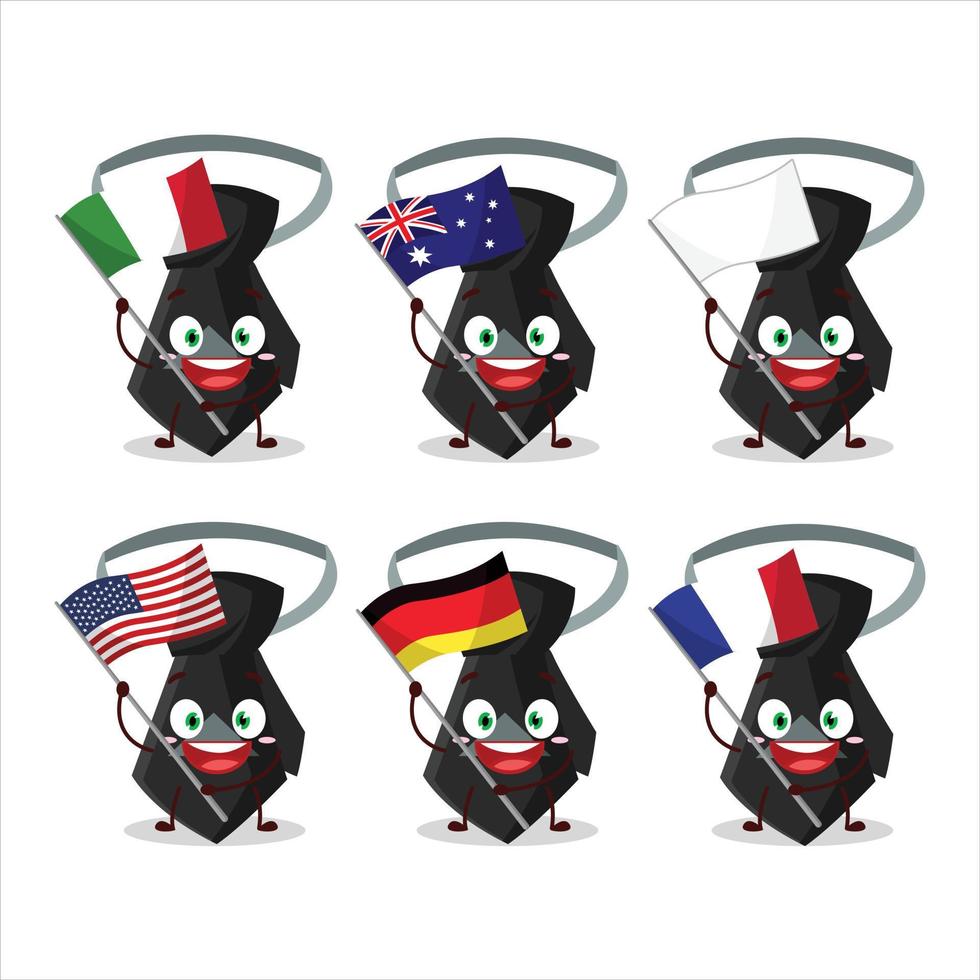 negro Corbata dibujos animados personaje traer el banderas de varios países vector