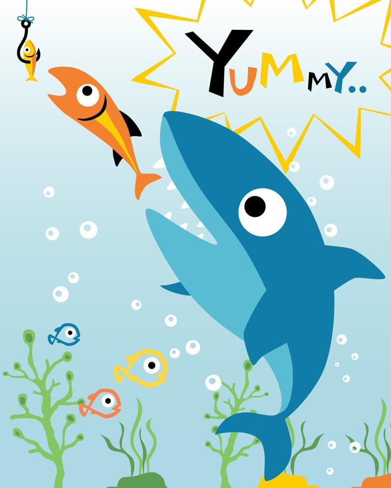 Cartoon shark hunting little fish, fish eat fishing lure. Undersea element illustration vector