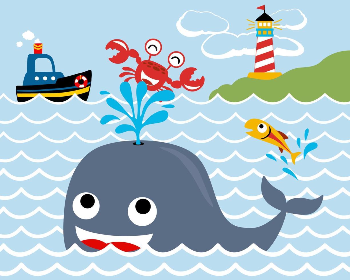 Funny marine animals with boat and lighthouse vector