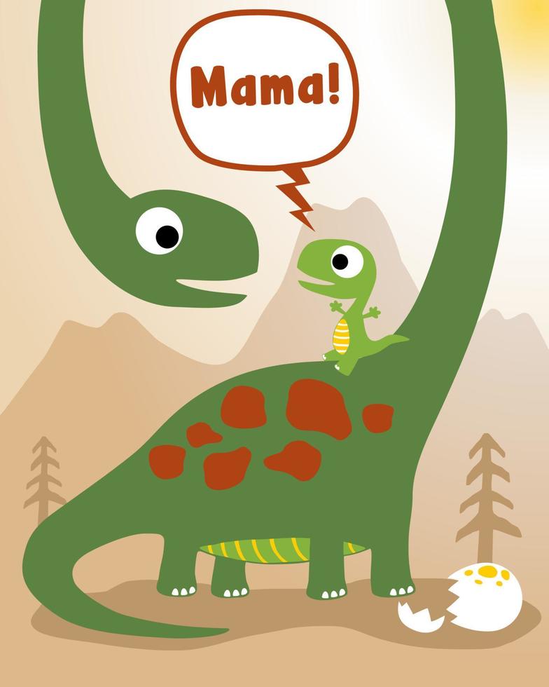 Cartoon of brontosaurus with it cub on mountain background vector