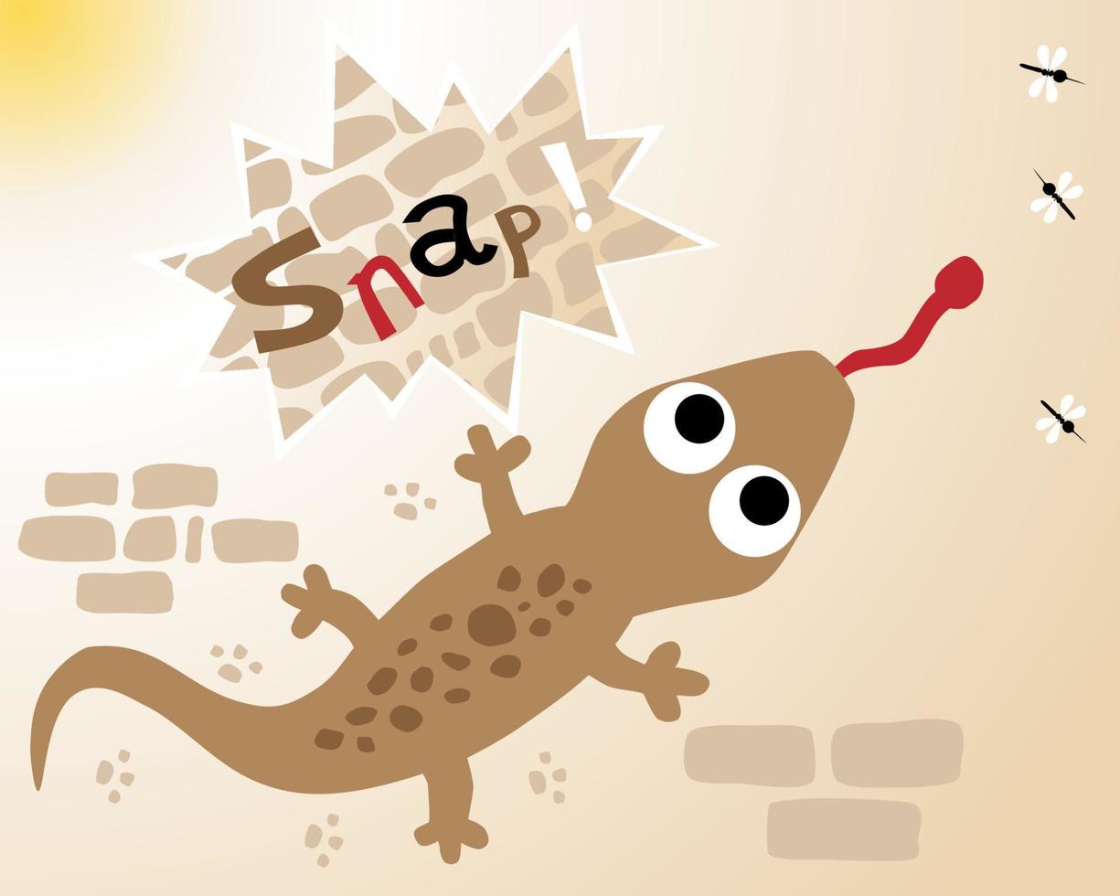 Vector cartoon of lizard in the wall hunting mosquitoes