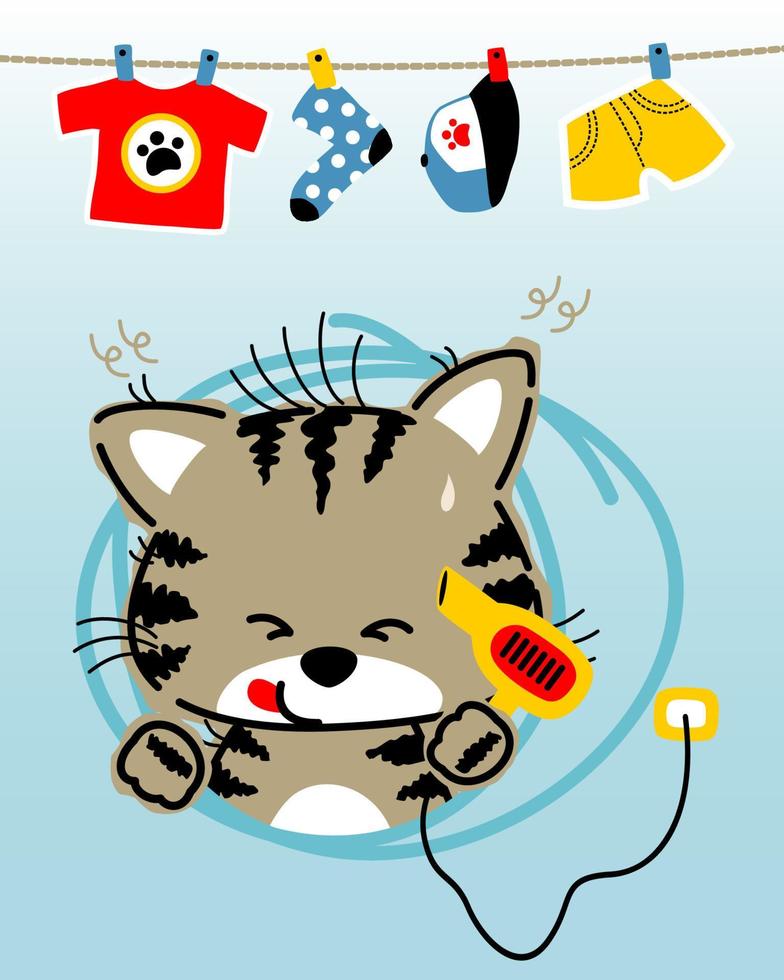 Cartoon kitten dried its fur with hair dryer, with it clothes hang on clothesline vector