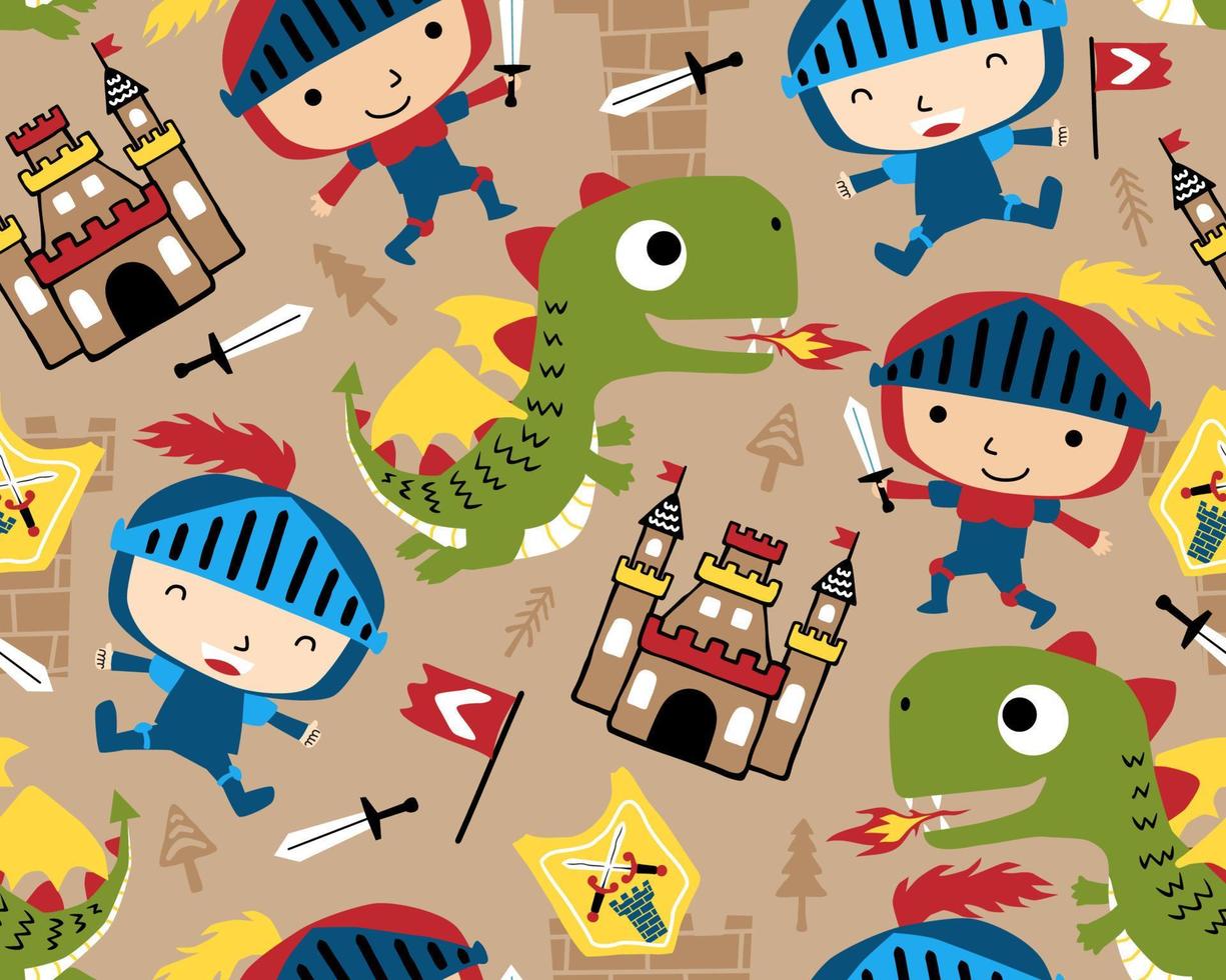 Seamless pattern vector of  little knight cartoon with funny dragon and castle. Fairytale element cartoon