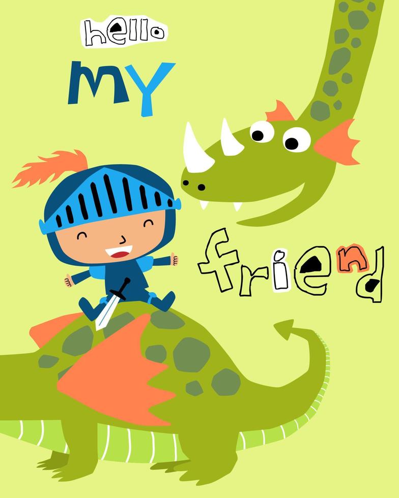 A little knight cartoon ride on dragons back vector
