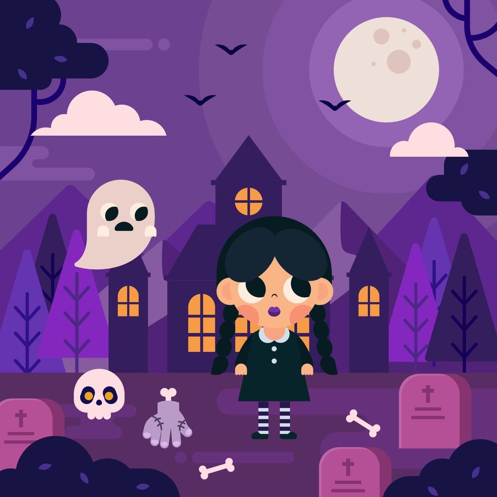 Horror Night with Cute Gothic Girl Character vector