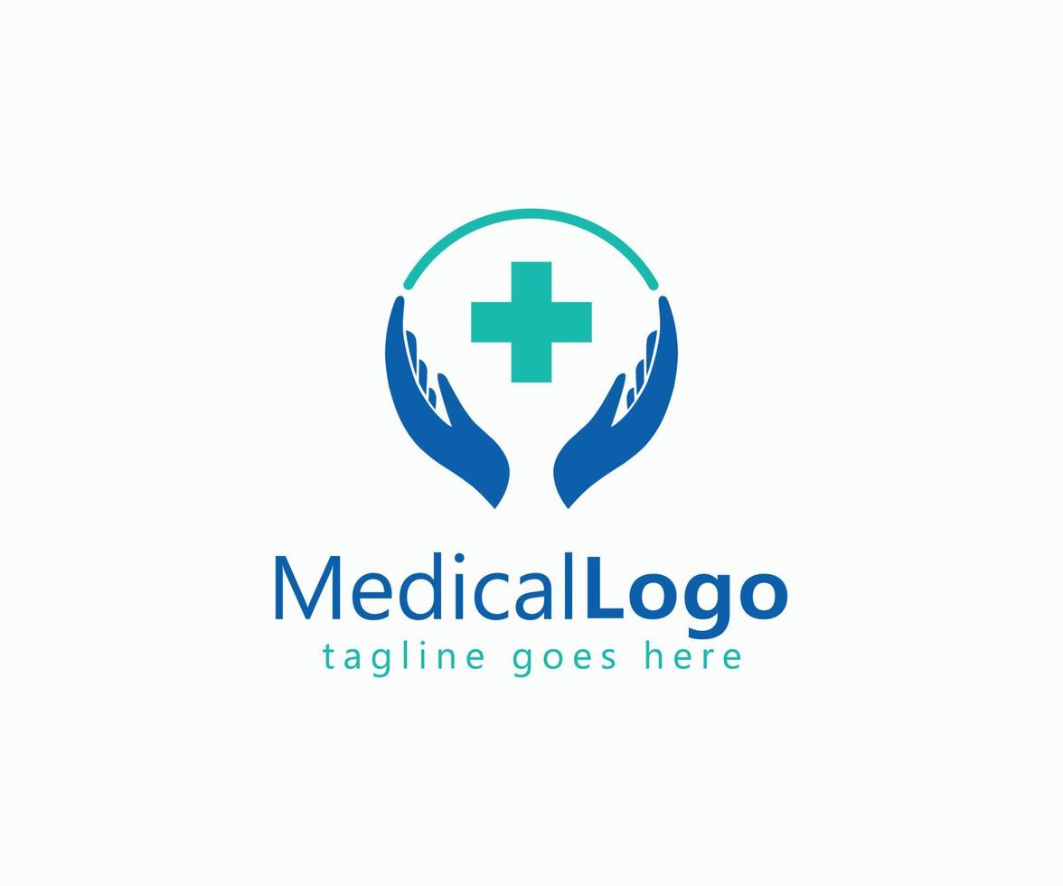 azul cruzar firmar con mano y medio circulo línea médico logo salud icono. vector