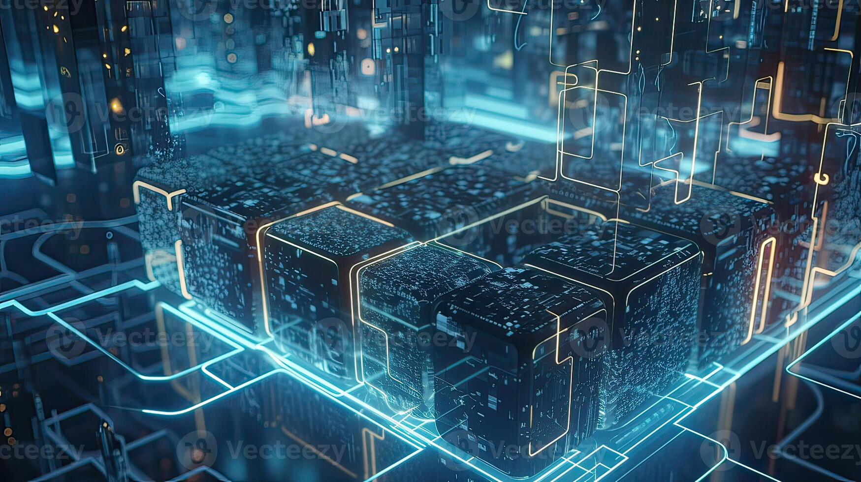 Futuristic technology for processing information analysis and sorting big data, two big databases, sharing and structuring information in digital space, . photo