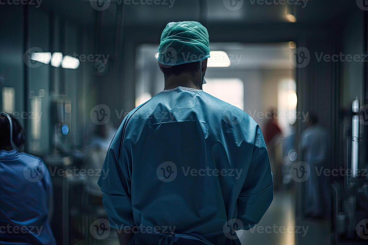 medio cuerpo espalda ver de un salud cuidado trabajador en pie en un hospital. inexistente persona. generativo ai. foto