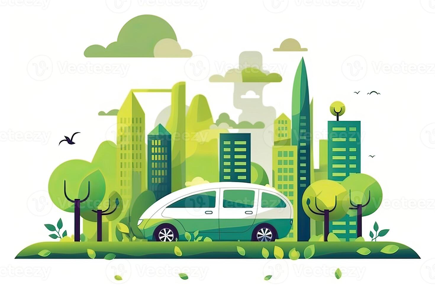 verde ecología ciudad con ambiente coche. salvar el mundo y energía concepto. ilustración en plano estilo moderno diseño. generativo ai. foto