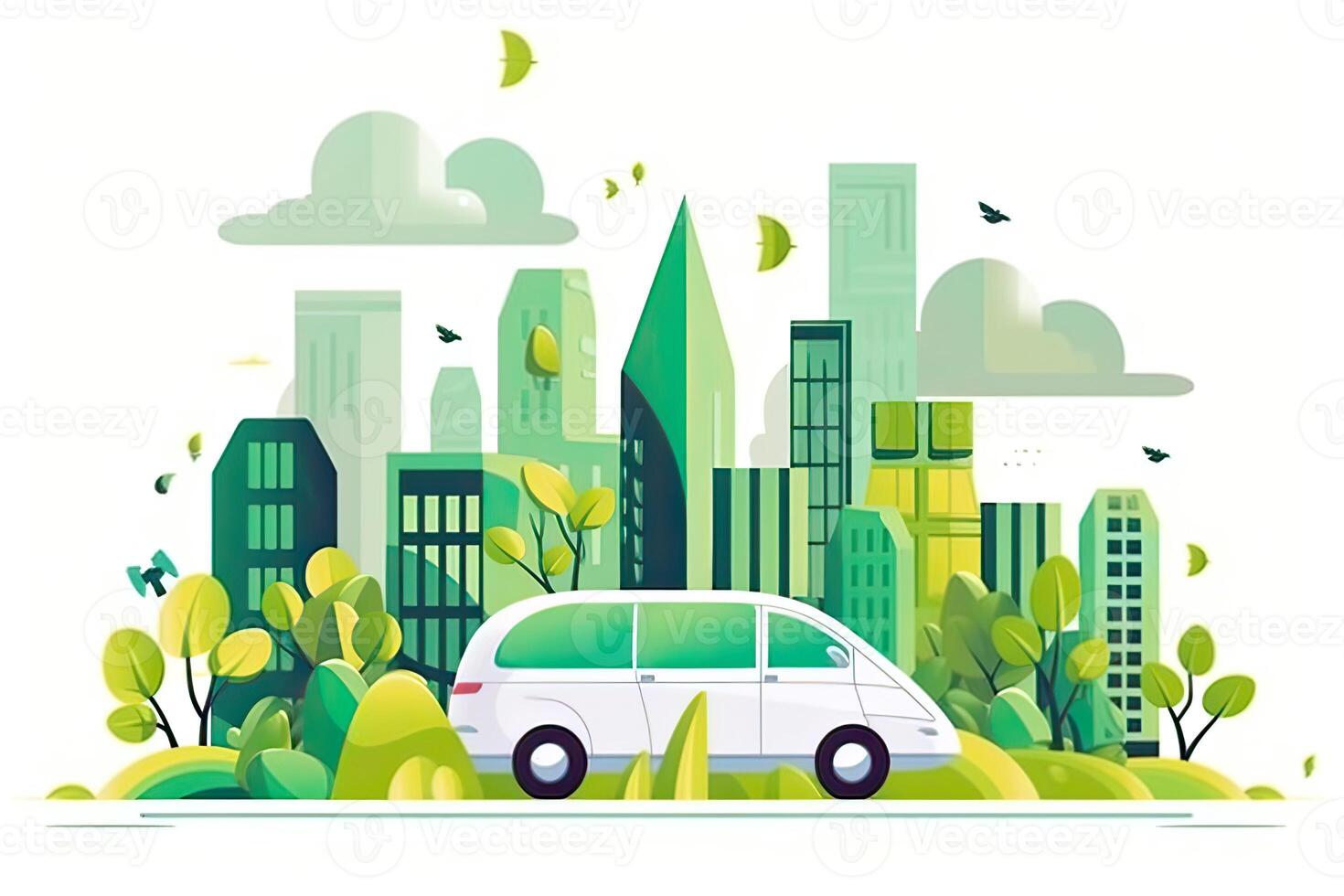 verde ecología ciudad con ambiente coche. salvar el mundo y energía concepto. ilustración en plano estilo moderno diseño. generativo ai. foto