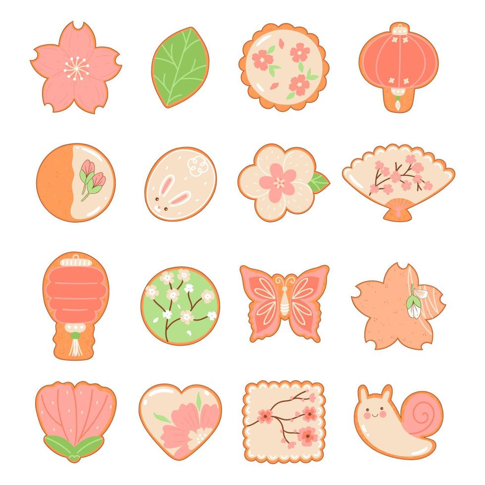 Set of top view sakura cookies isolated on white background. Vector graphics.