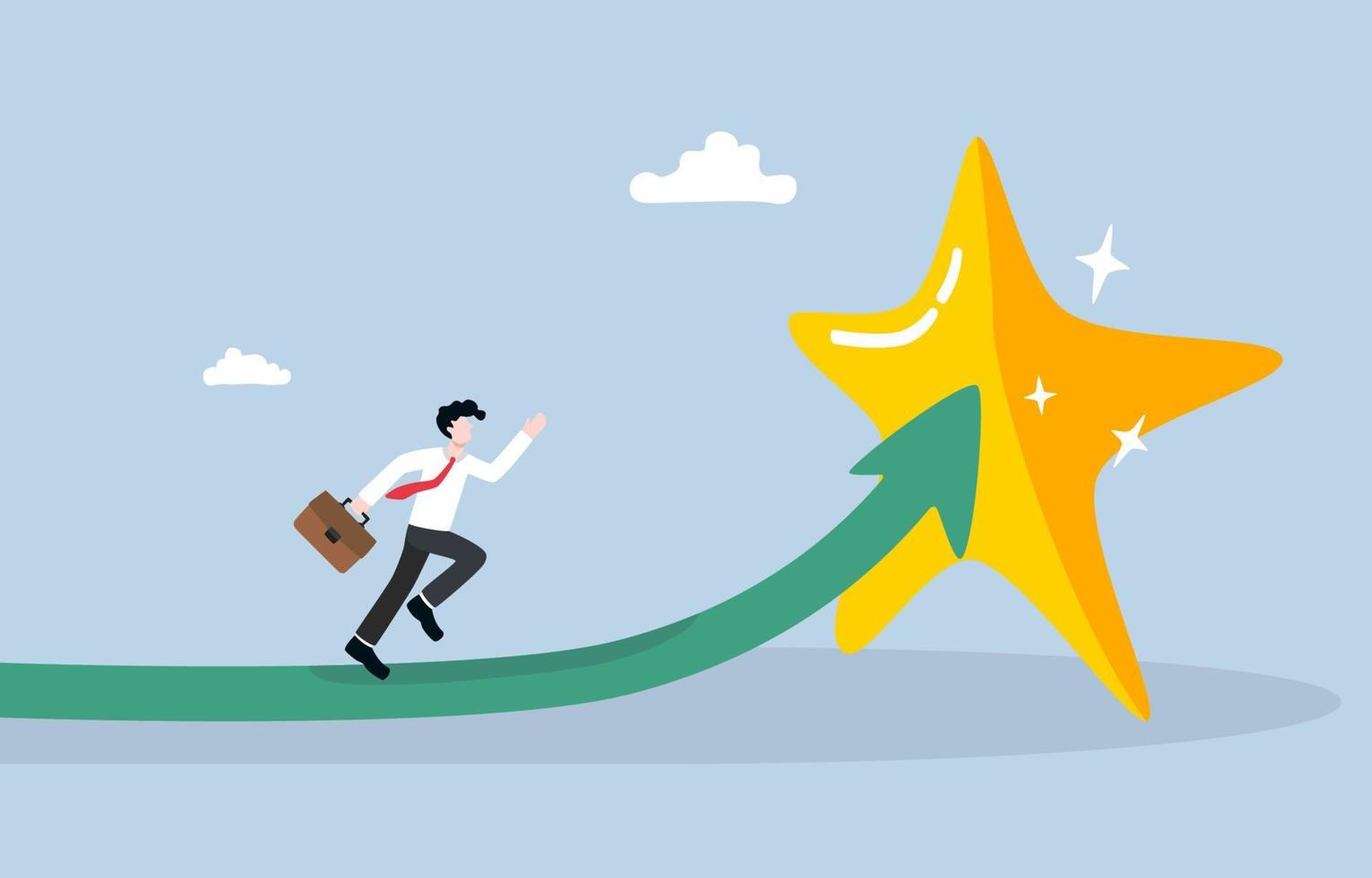 Aspiring to be a successful or quality employee, strong desire to continously improve, strive for excelllence in work concept, Businessman runnning along path to reach bright star. vector