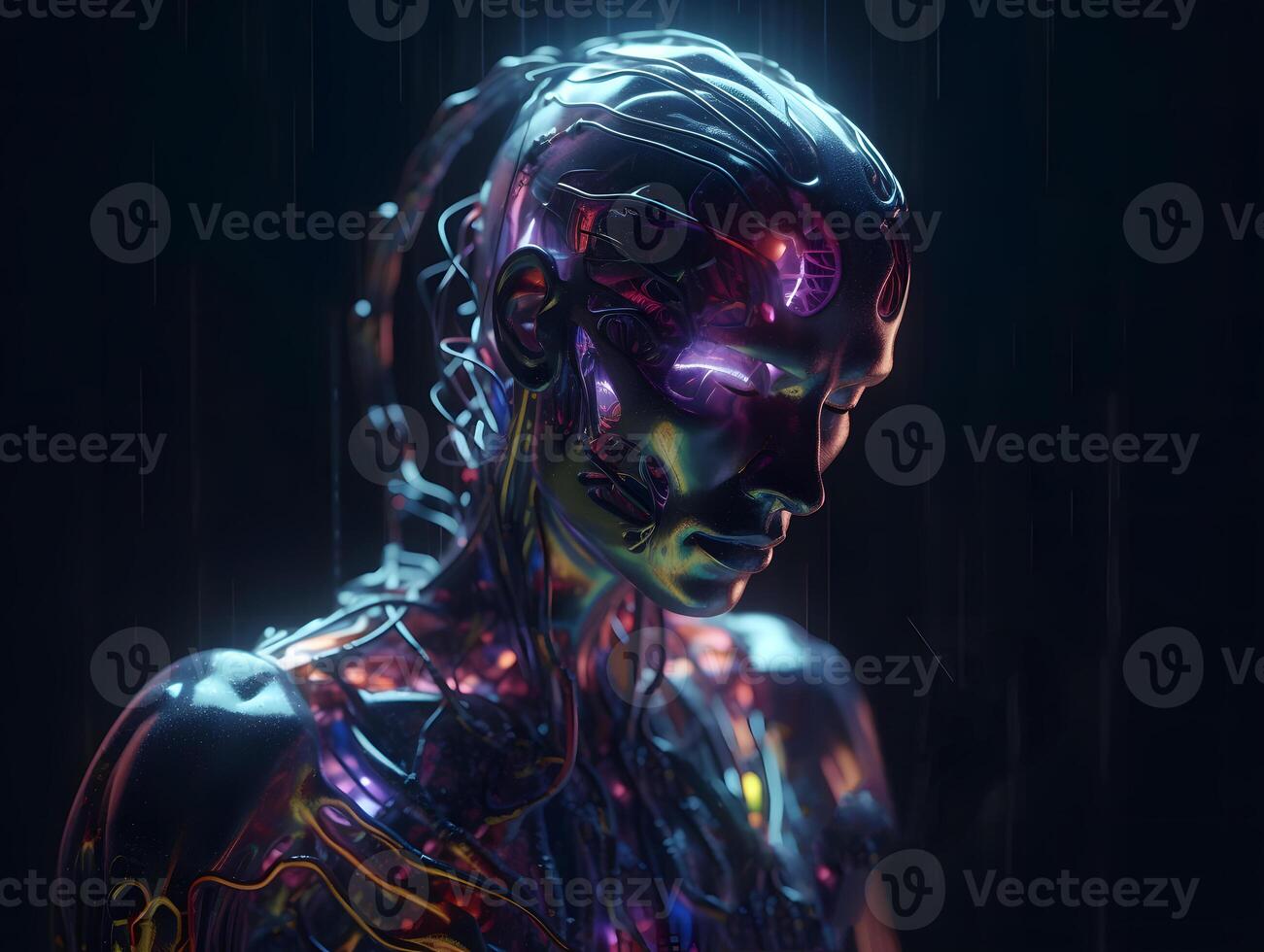 surrealista humano con transparente cerebro conectado con enlace neural chip cyberpunk estilo, ai generado foto
