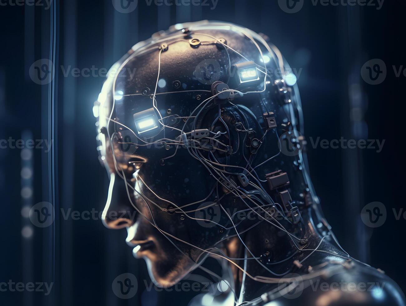 surreal human with transparent brain connected with neuralink chip cyberpunk style, photo