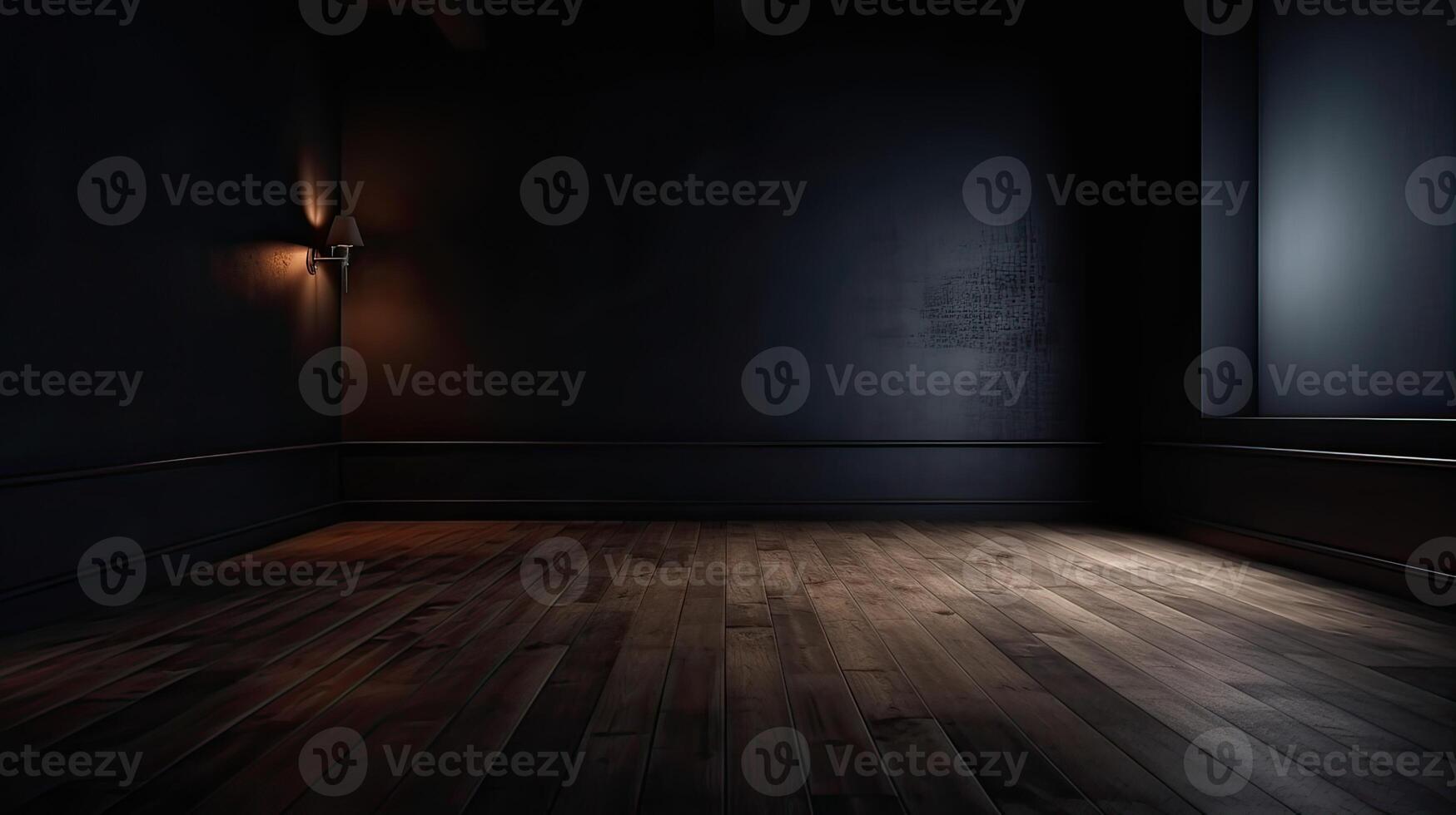 Classic black empty interior with wall panels, moldings and wooden floor. . photo
