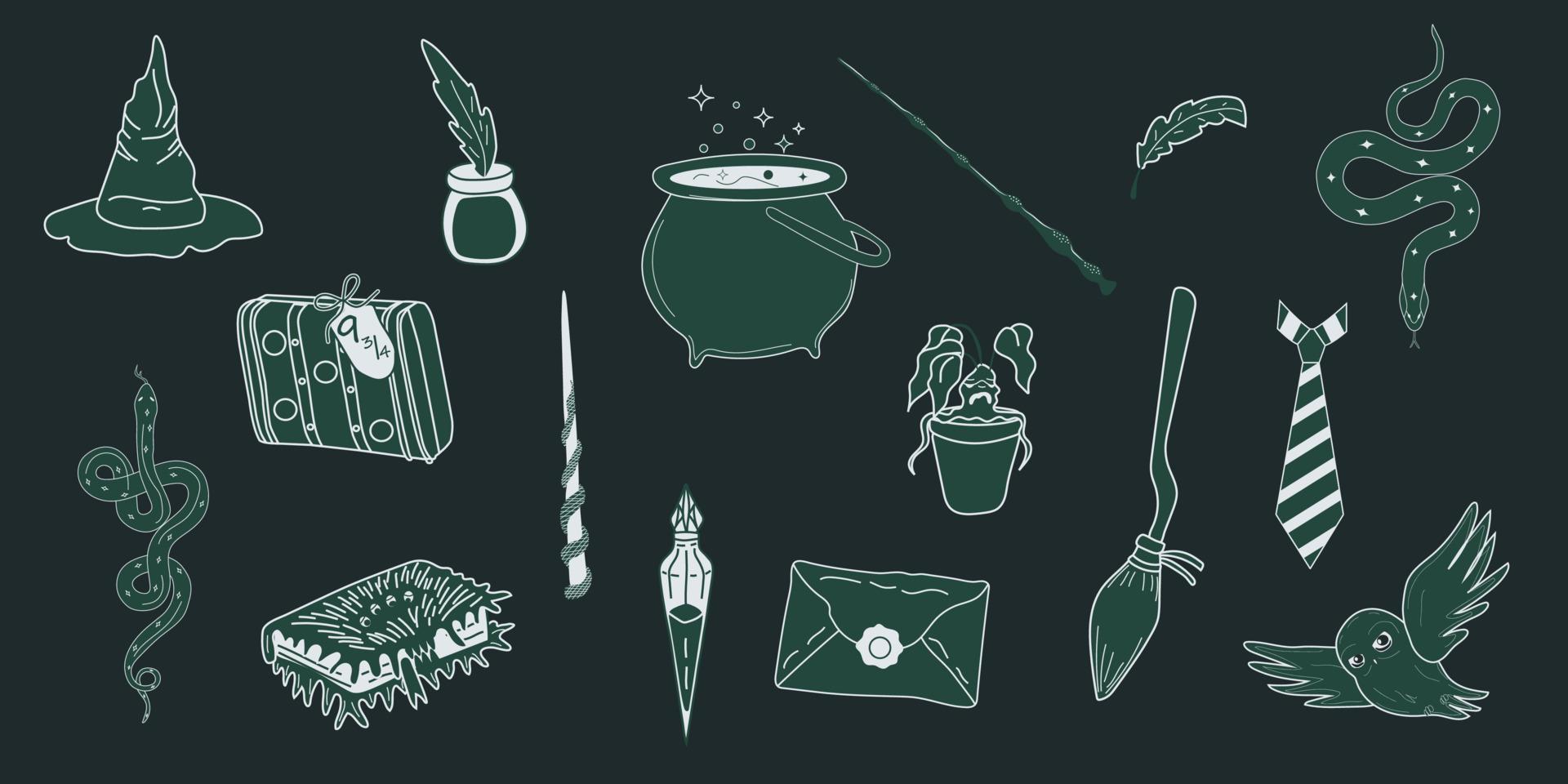 Green Set of magical things from a wizard school vector