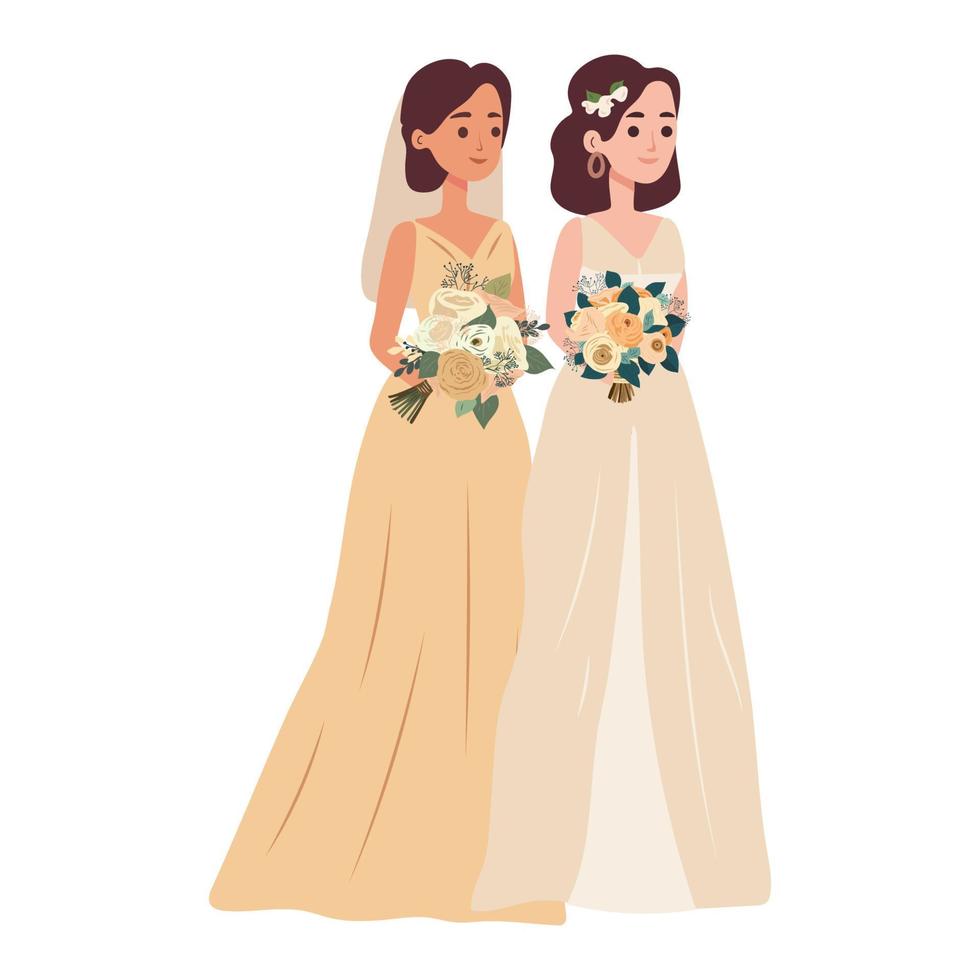 Lesbian couple marriage. Homosexual wedding. Brides in dress LGBT newlyweds. Flat vector illustration isolated on white background