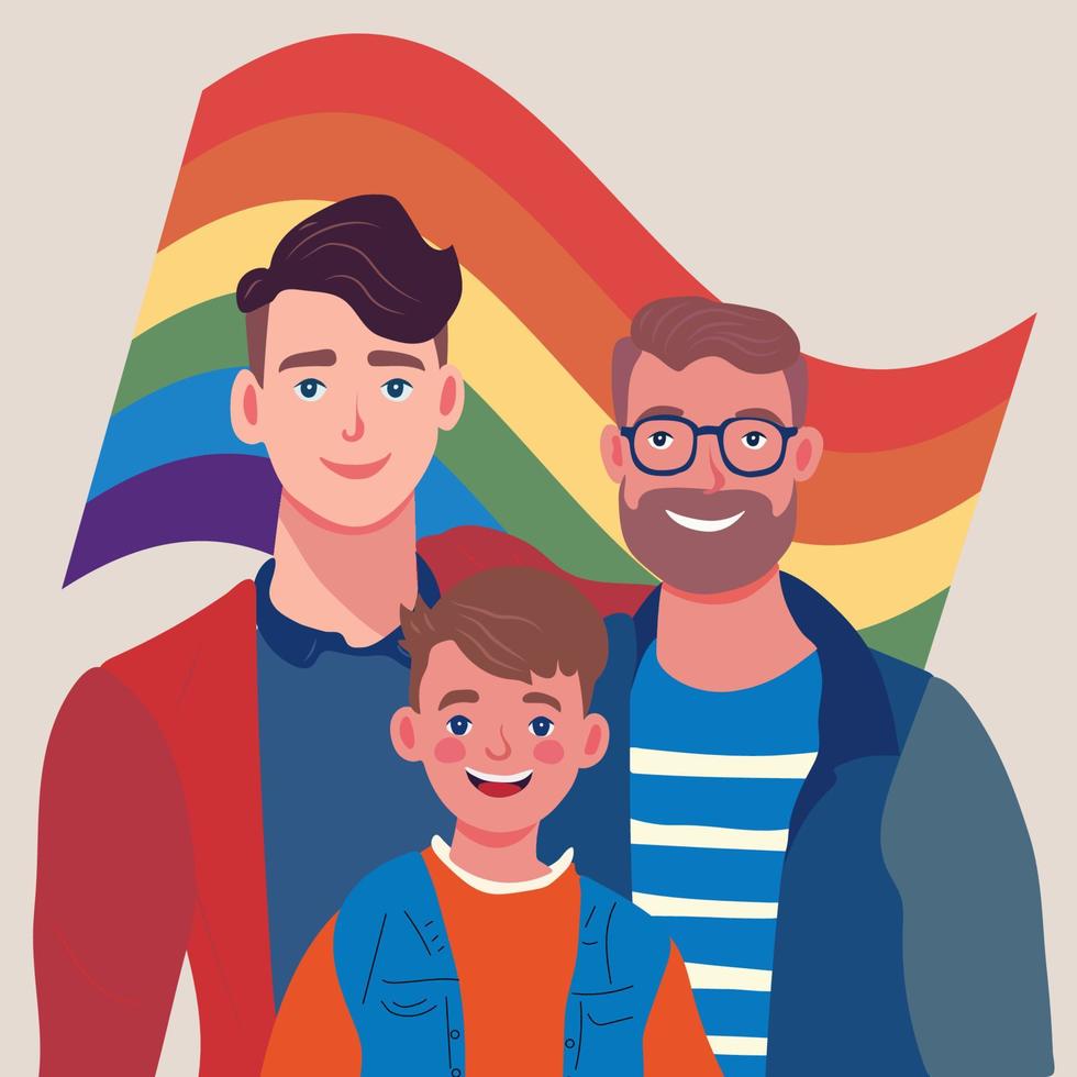 masculino gay Pareja adoptando bebé. dos contento joven hombres y niño plano vector ilustración. lgbt familia, paternidad, niño cuidado concepto