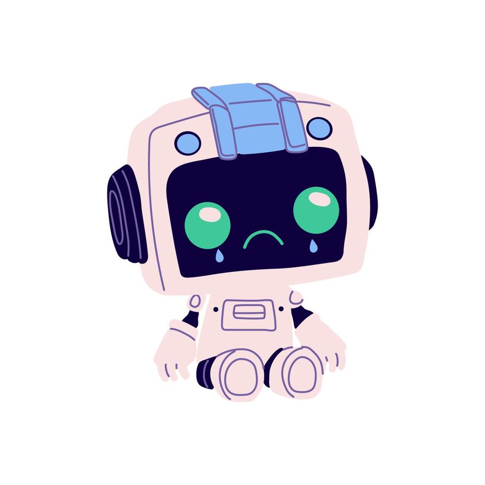 Cute robot in retro futuristic style crying. Android bot character, smart machine . Smart assistant with clipboard, studying information. Flat vector illustration isolated on white background