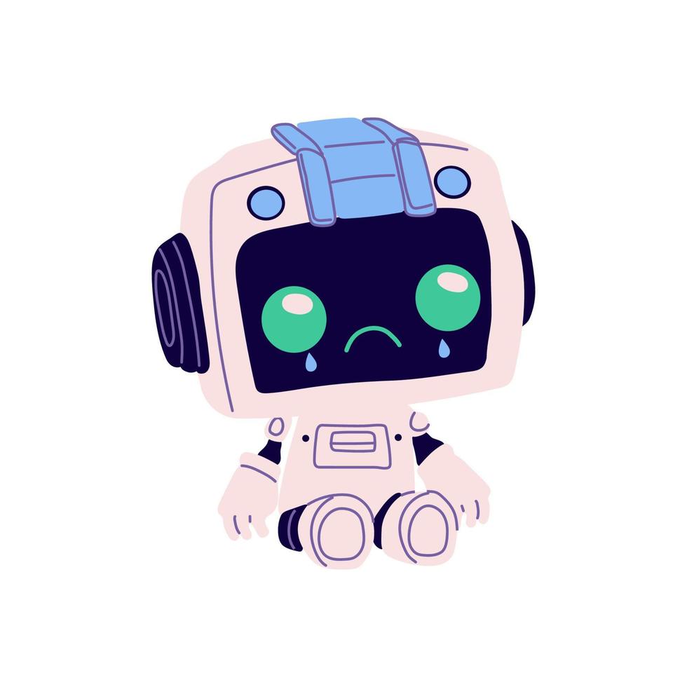 linda robot en retro futurista estilo llanto. androide larva del moscardón personaje, inteligente máquina . inteligente asistente con portapapeles, estudiando información. plano vector ilustración aislado en blanco antecedentes