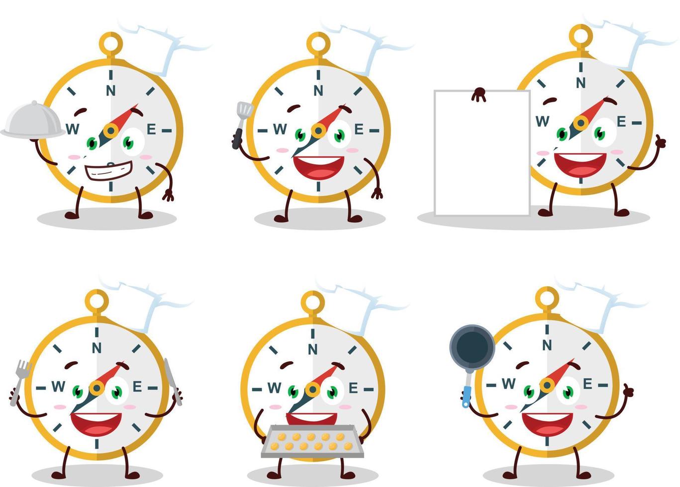 Cartoon character of compass with various chef emoticons vector