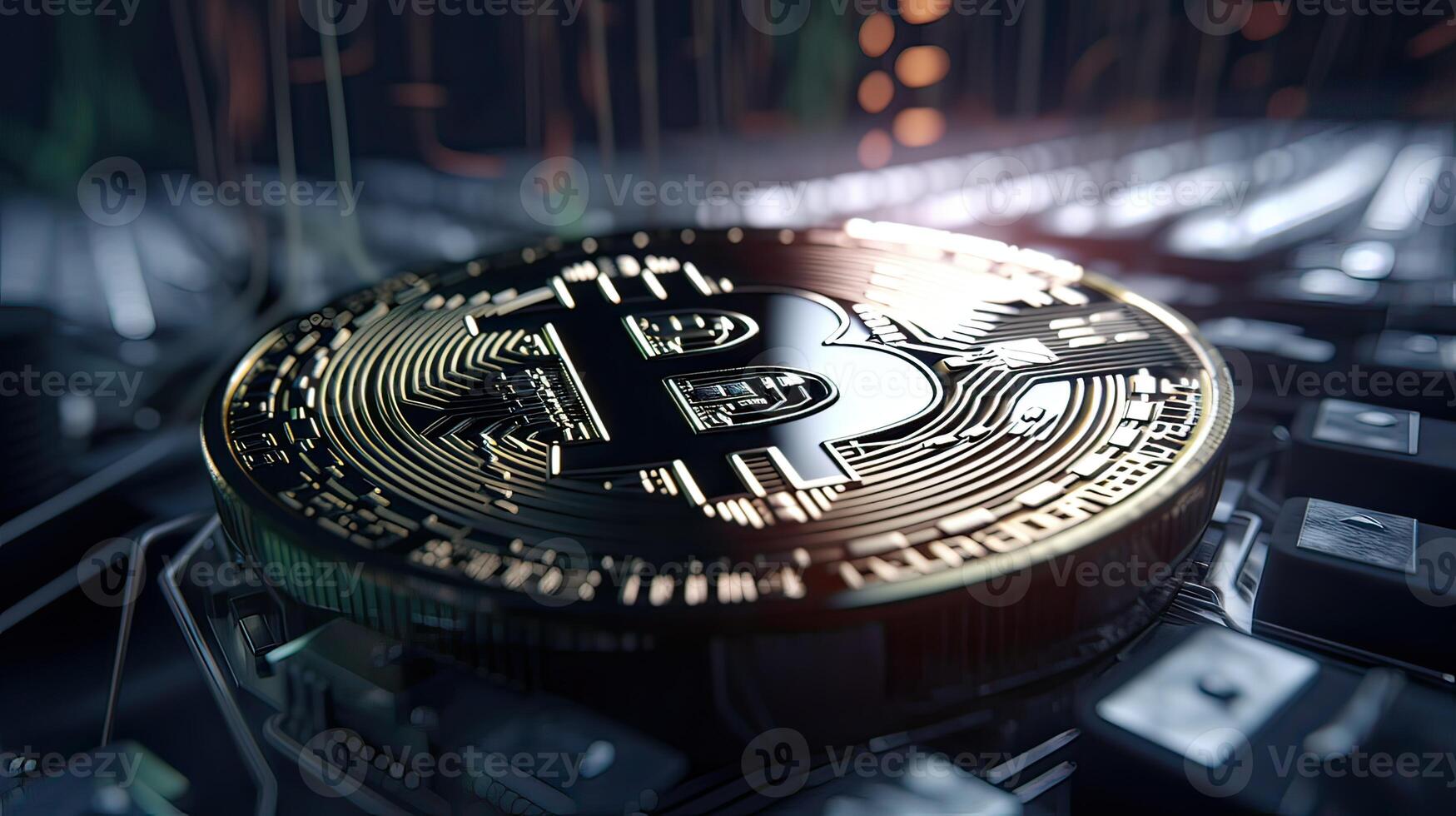 Gold coin Bitcoin on a black background. The concept of crypto currency. Blockchain technology. Mixed media. . photo