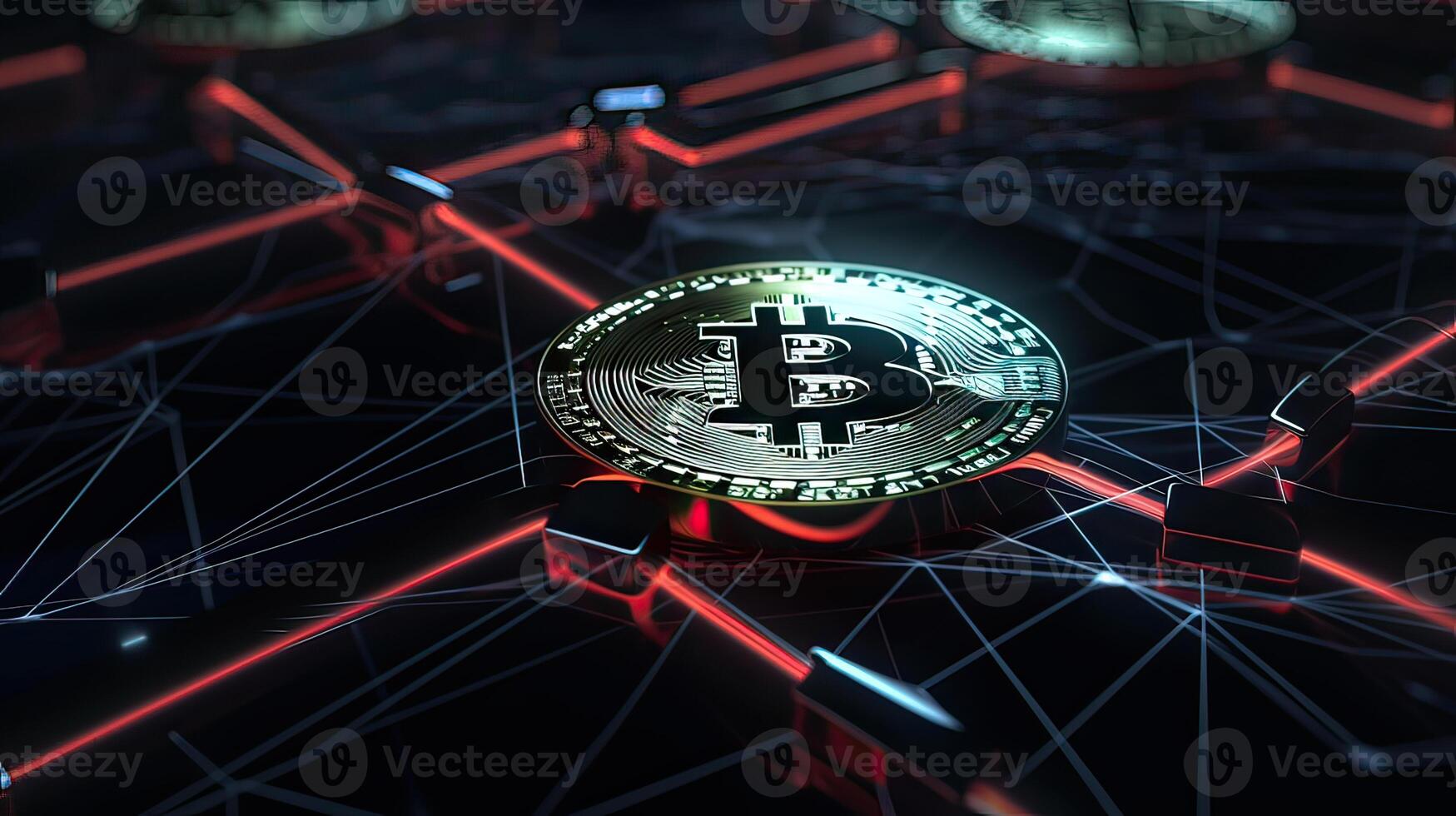 Gold coin Bitcoin on a black background. The concept of crypto currency. Blockchain technology. Mixed media. . photo