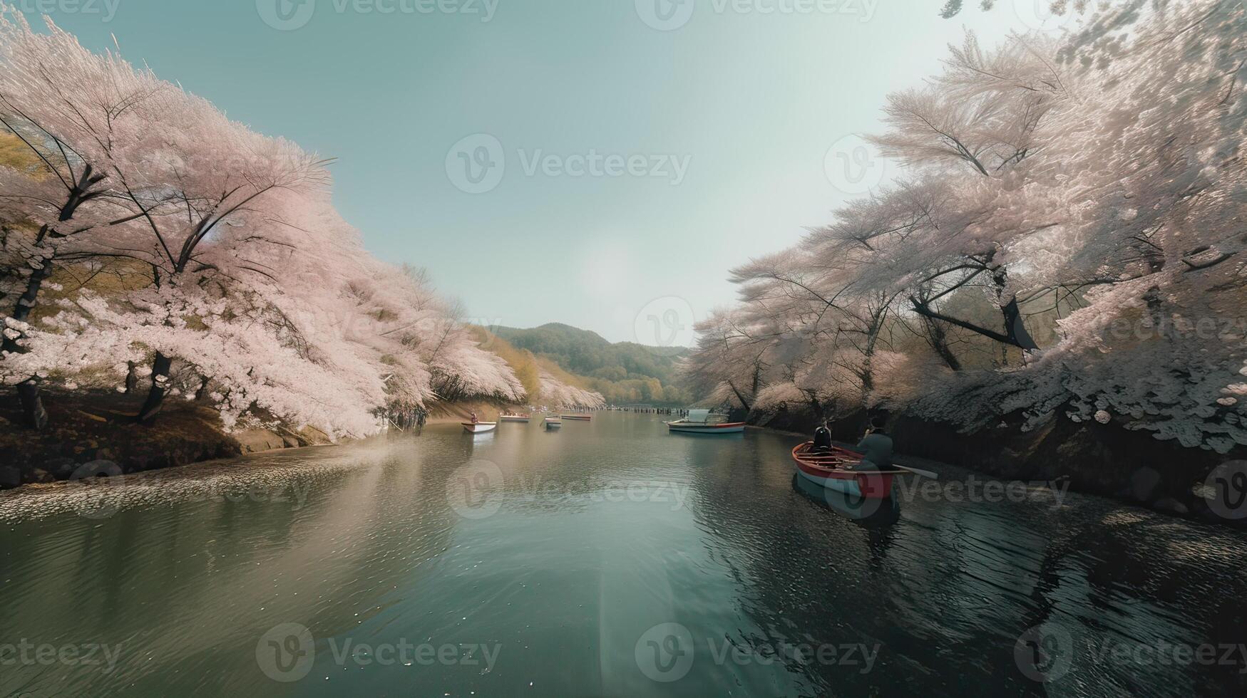 Tourists rowing boats on a lake under beautiful cherry blossom trees. . photo