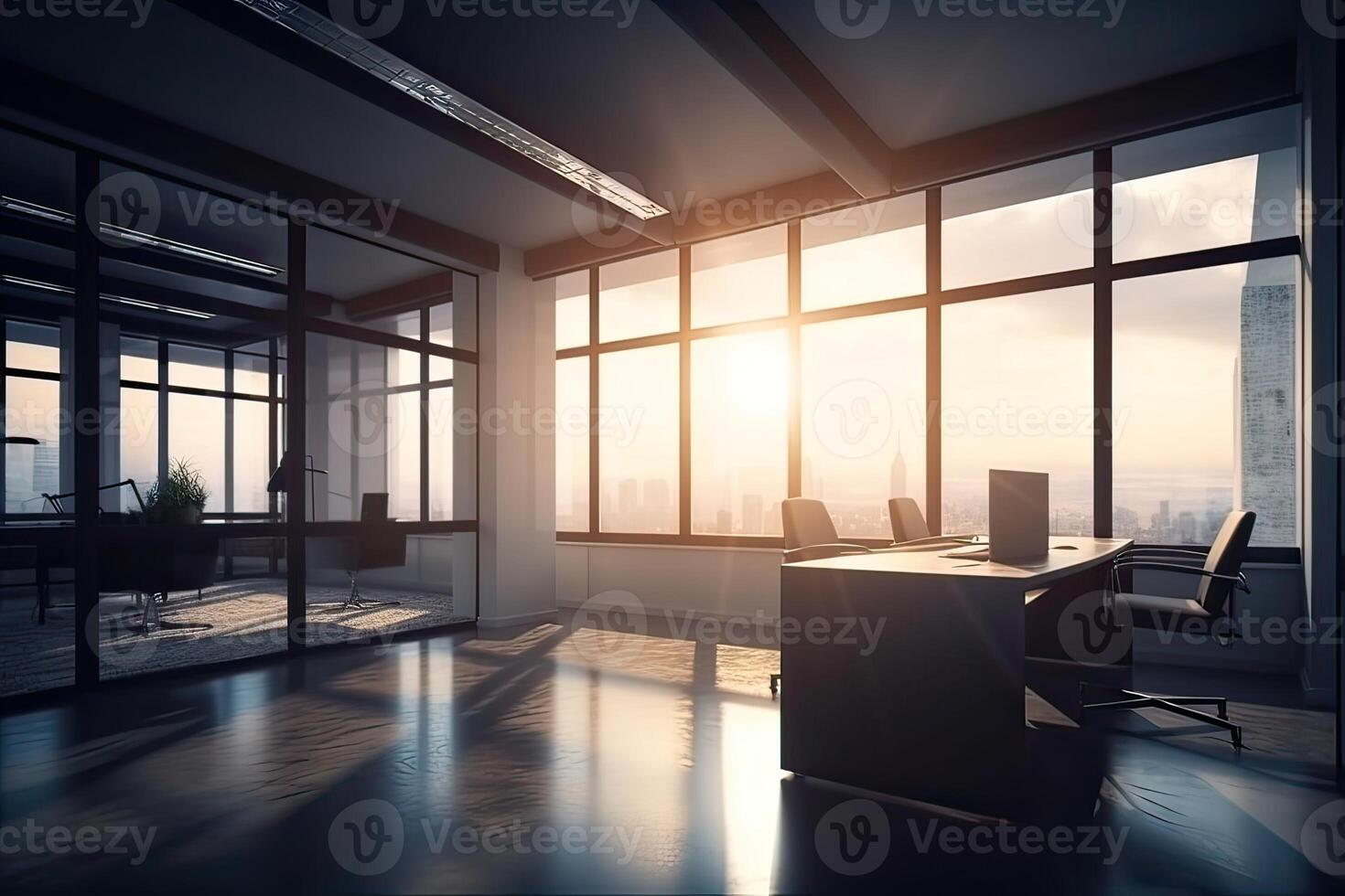 large business center with panoramic windows. modern design. copyspace. Modern empty office interior with panoramic city view, reflections on floor and daylight. . photo