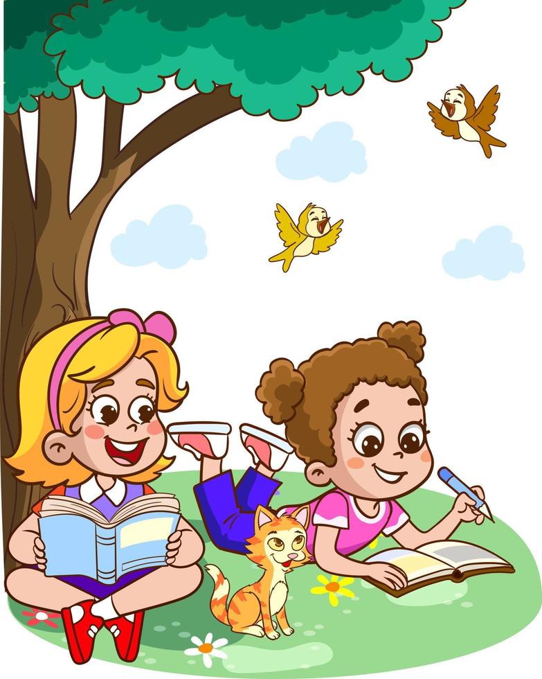 Children learn from books. Boy and girl reading fairy tales together. Colorful cartoon characters. Funny vector illustration. Isolated on white background