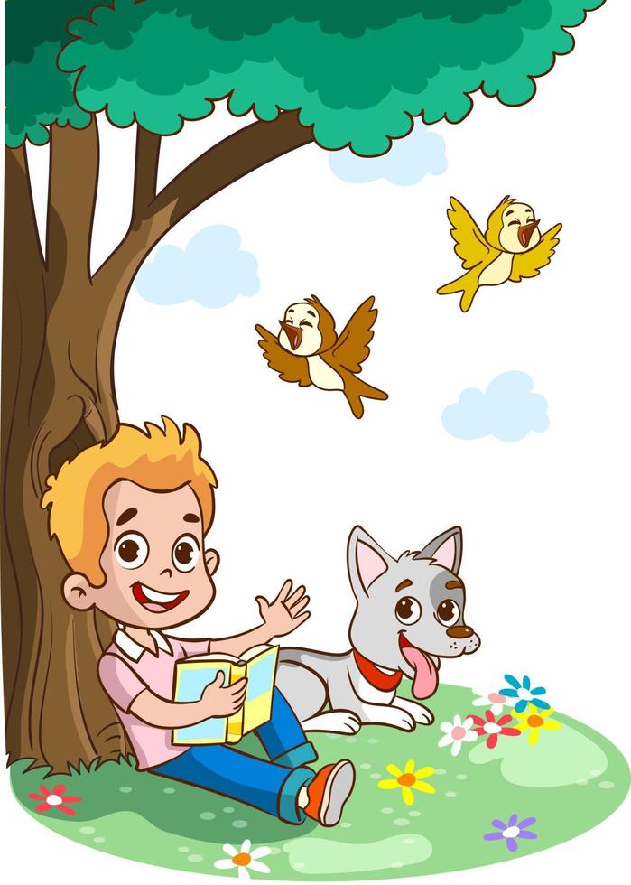 Children learn from books. Boy and girl reading fairy tales together. Colorful cartoon characters. Funny vector illustration. Isolated on white background