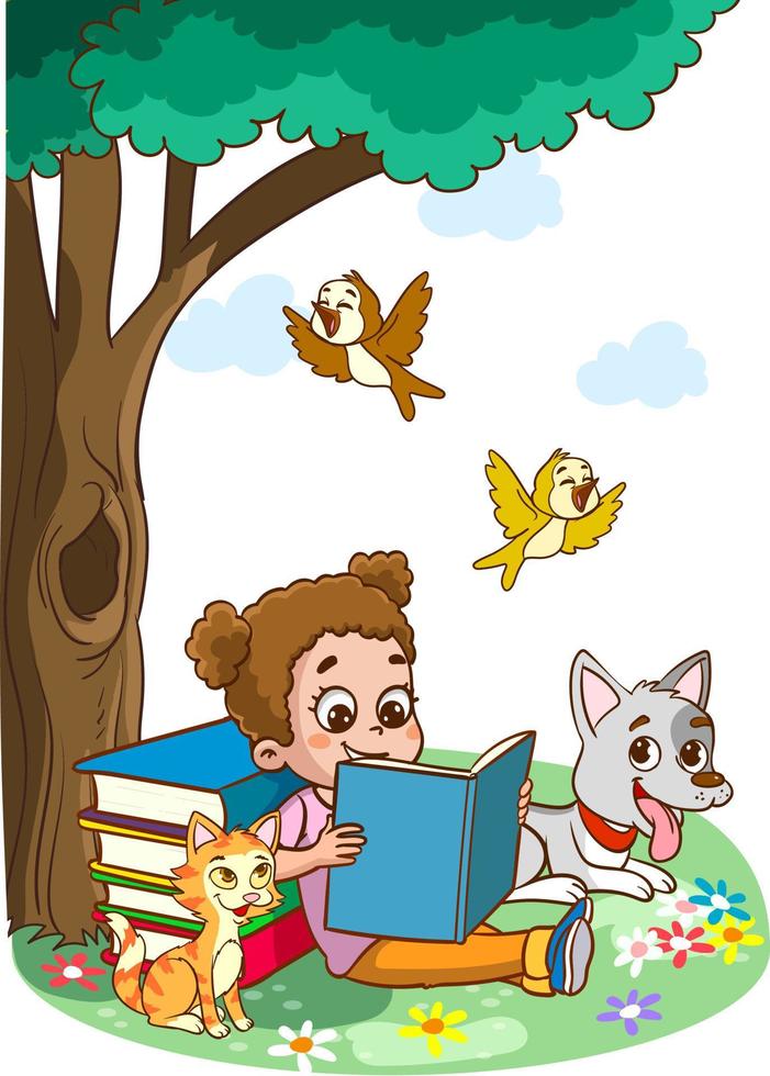 Children learn from books. Boy and girl reading fairy tales together. Colorful cartoon characters. Funny vector illustration. Isolated on white background