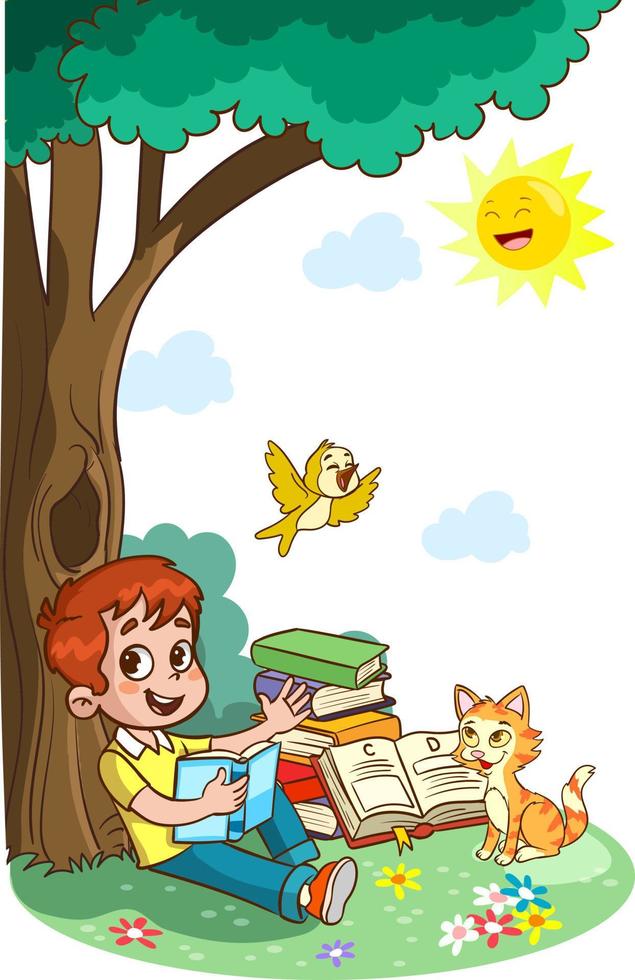 Children learn from books. Boy and girl reading fairy tales together. Colorful cartoon characters. Funny vector illustration. Isolated on white background