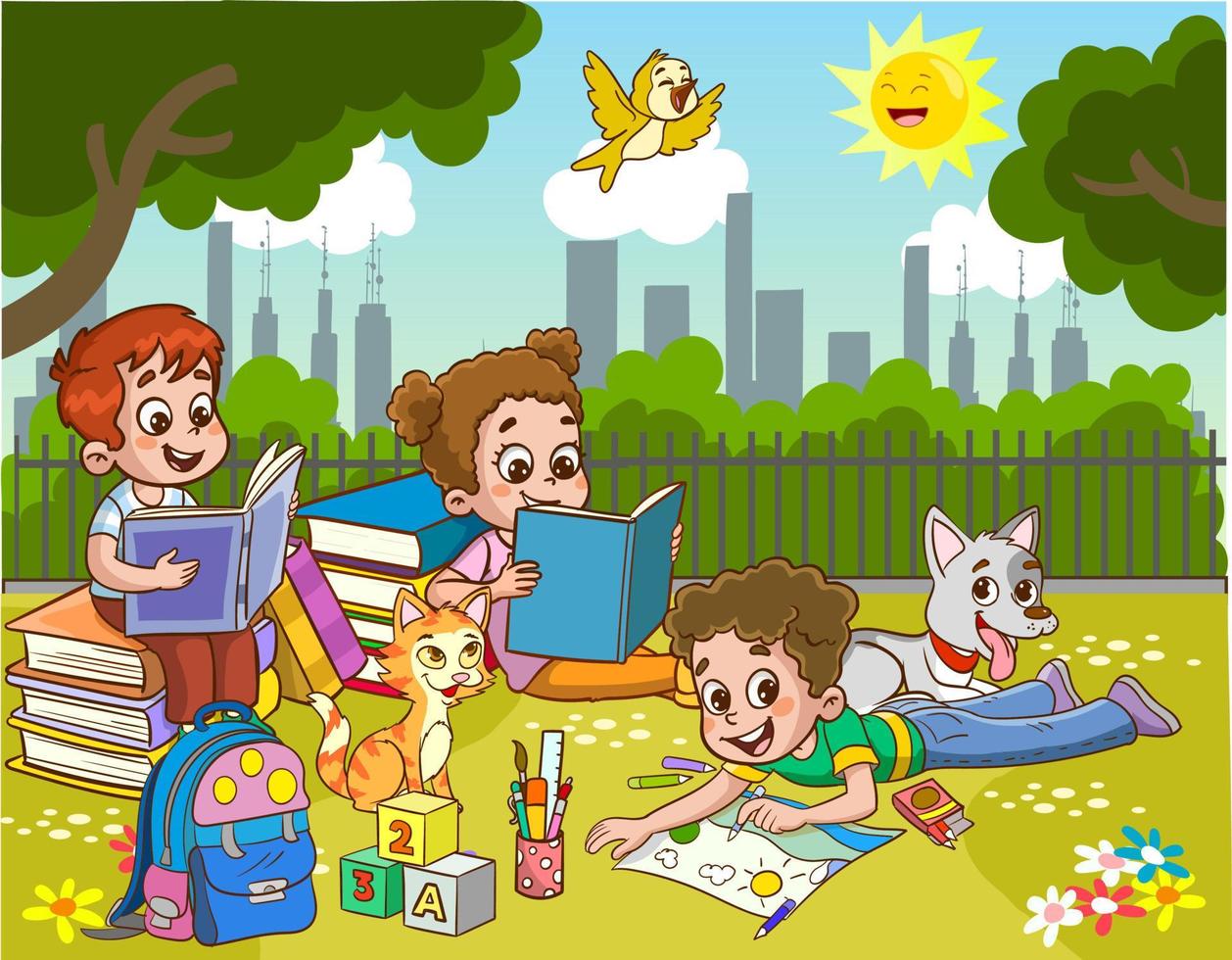 Children learn from books. Boy and girl reading fairy tales together. Colorful cartoon characters. Funny vector illustration. Isolated on white background