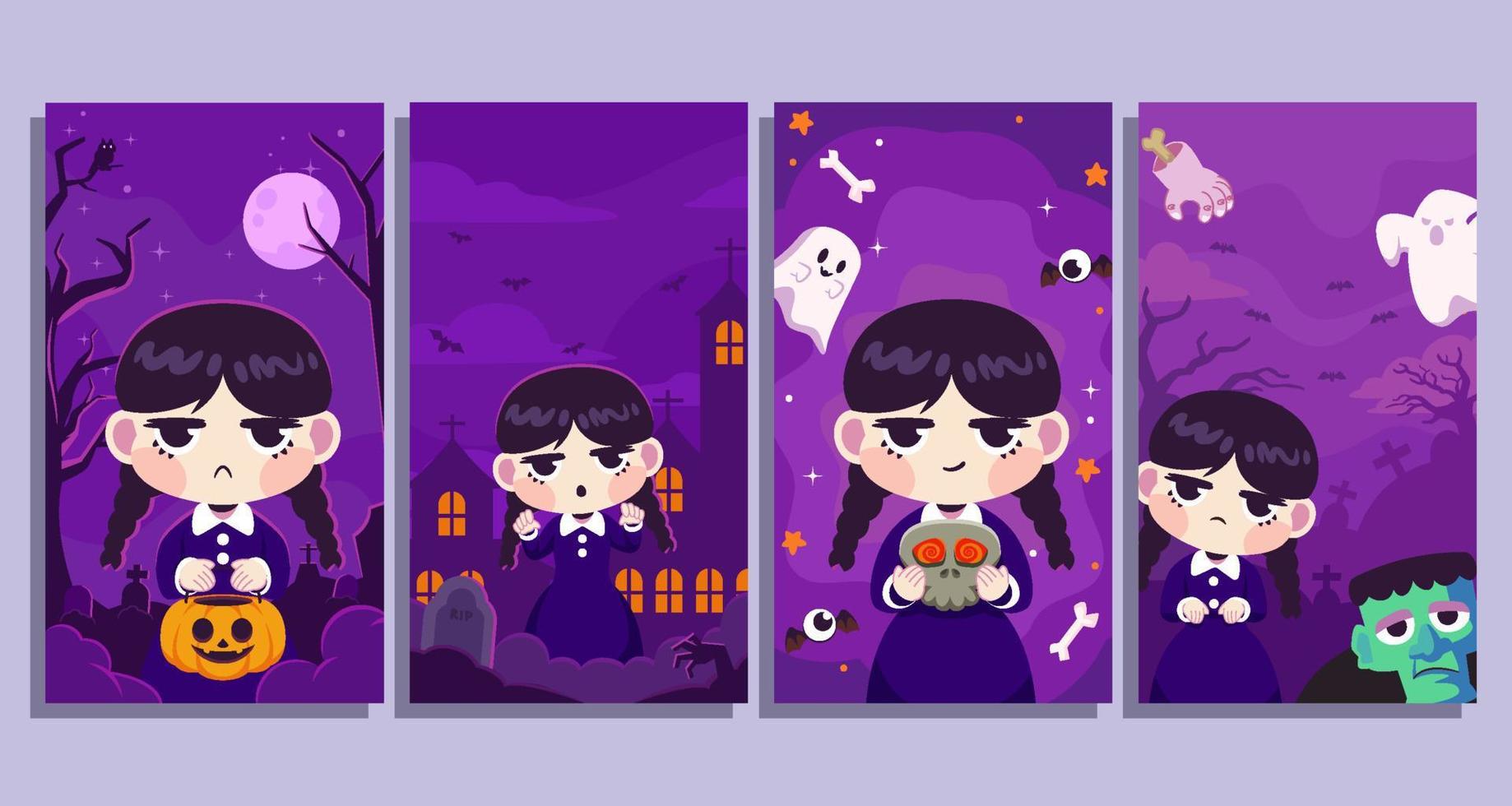 Cute Gothic Girl in Halloween Social Media Story Posts vector