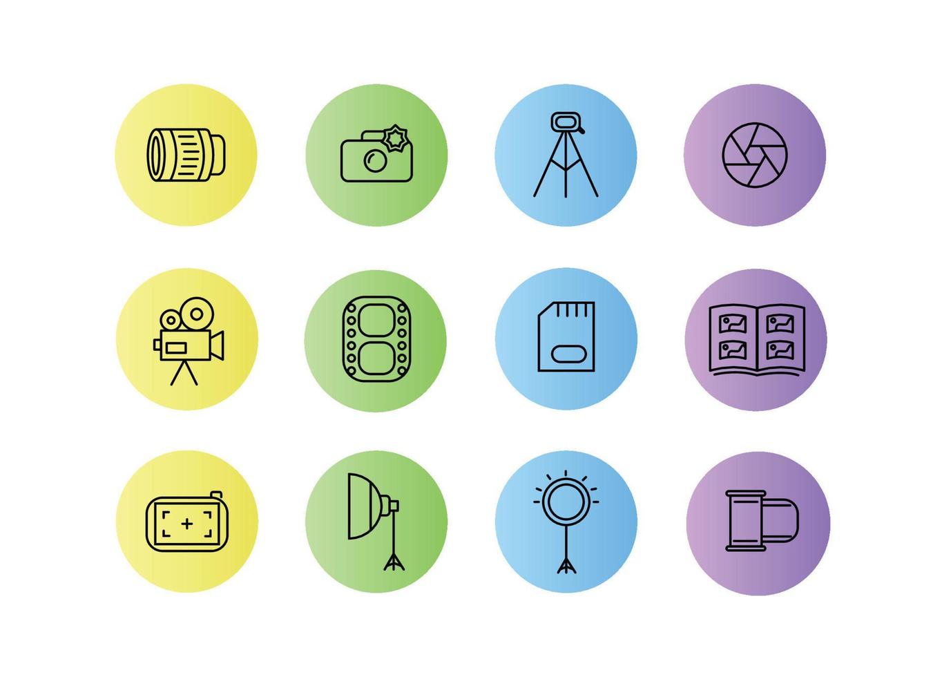 Photographer icon set. Photographer equipment icons. Photography, woking, lens, camera, memory card, photo album, tripod, shutter, camcorder, softbox, film, ring lamp vector