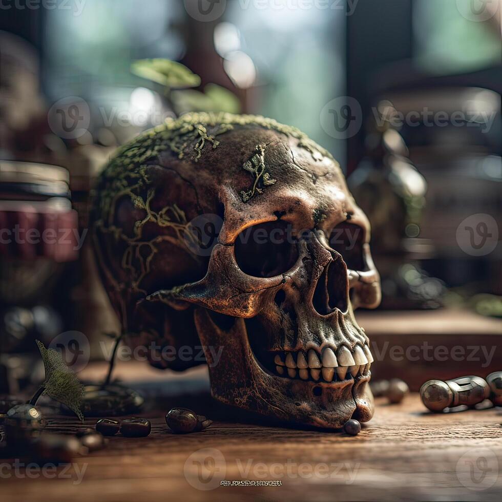 Old Skull on table. . photo