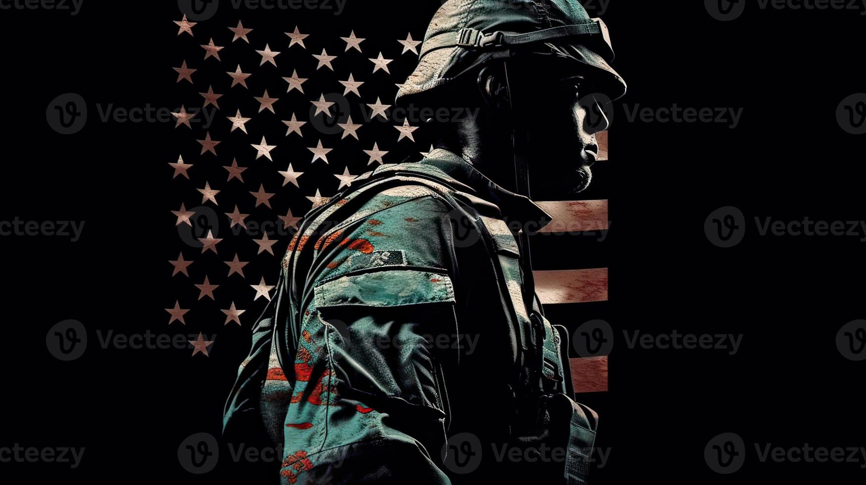 illustration of USA army soldier with nation flag. Greeting card for Veterans Day , Memorial Day, Independence Day . America celebration. . photo
