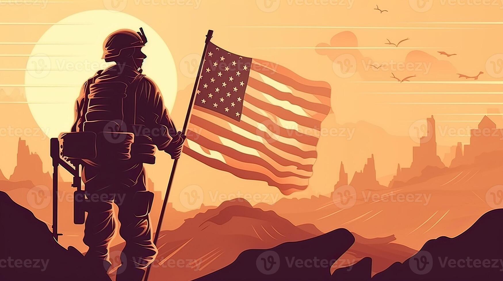 illustration of USA army soldier with nation flag. Greeting card for Veterans Day , Memorial Day, Independence Day . America celebration. . photo