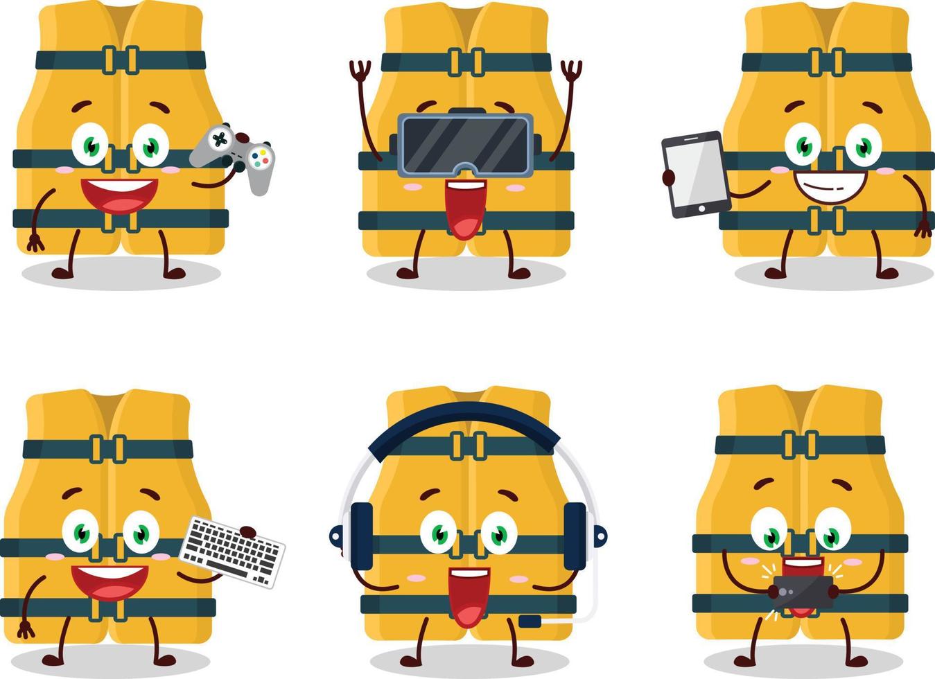 Life vest cartoon character are playing games with various cute emoticons vector