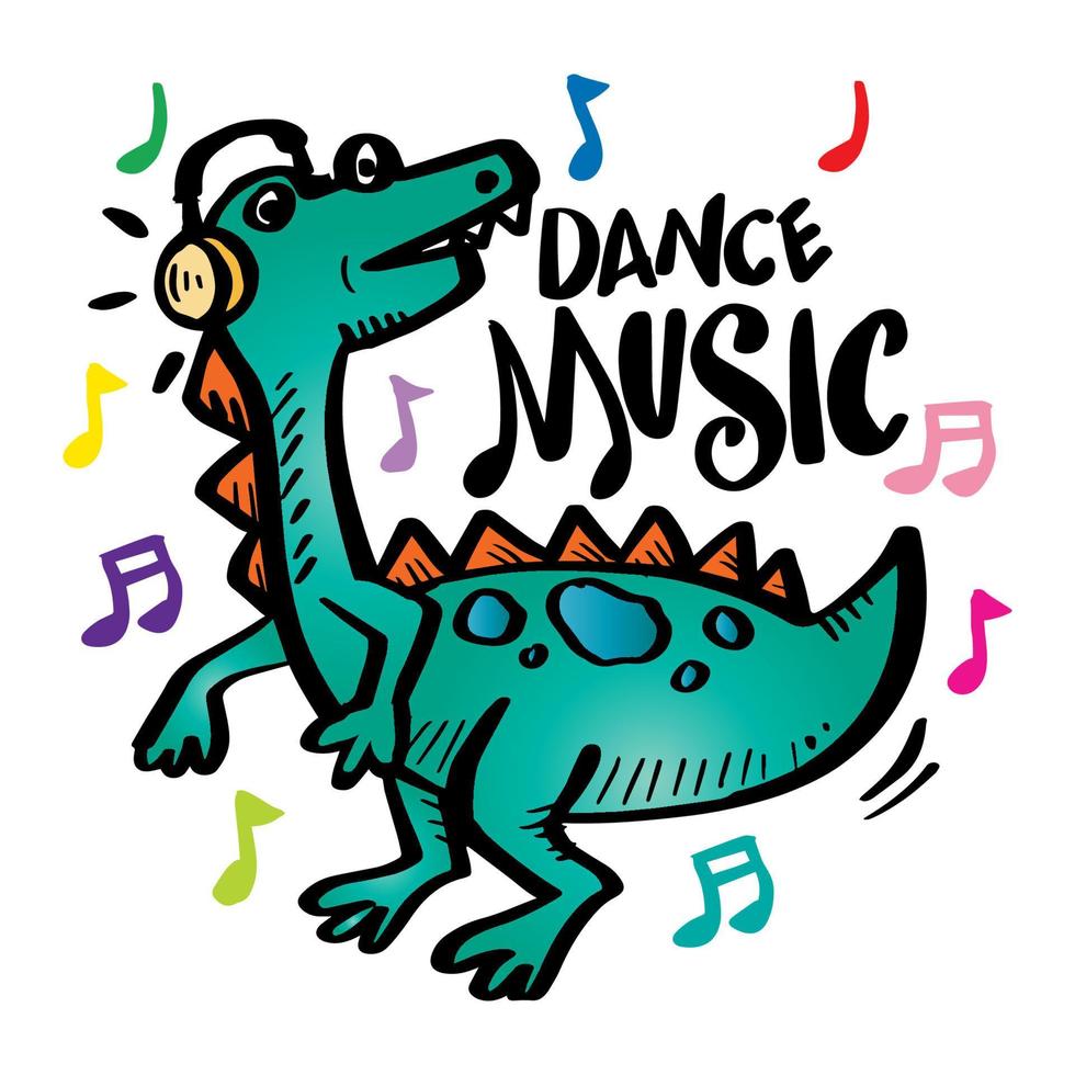 Dance music, hand lettering with dinosaur. vector