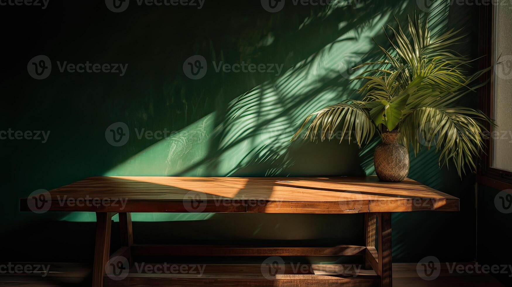 wooden table for show product display and presentation, summer and palm leaves background, copy space. . photo