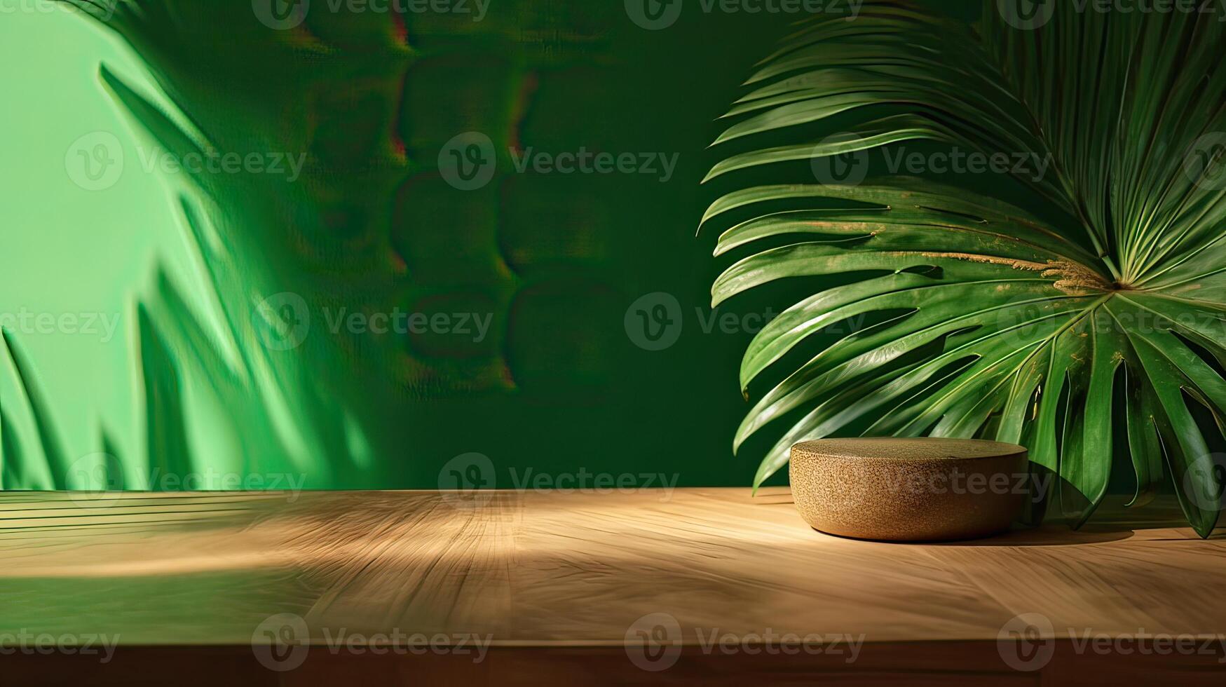 wooden table for show product display and presentation, summer and palm leaves background, copy space. . photo