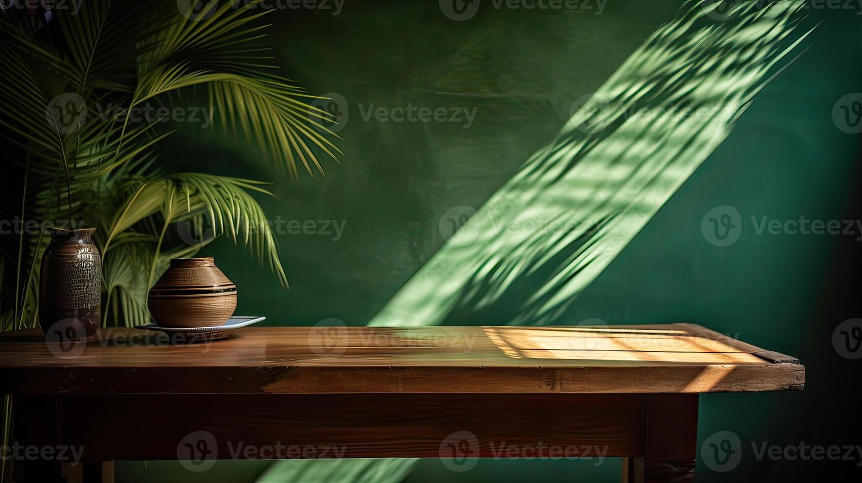 wooden table for show product display and presentation, summer and palm leaves background, copy space. . photo